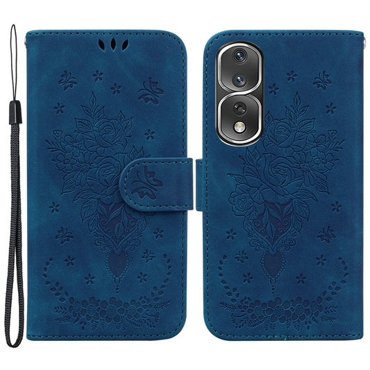 Protective Phone Case For Honor 80 Pro 5G , PU Leather Rose Butterfly Imprinted Stand Wallet Cover - Blue