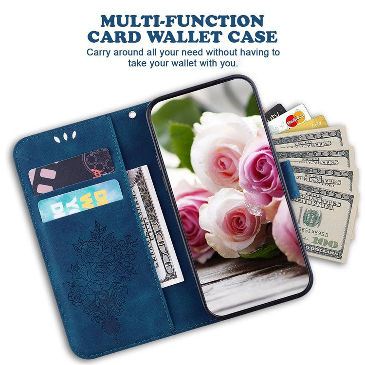 Protective Phone Case For Honor 80 Pro 5G , PU Leather Rose Butterfly Imprinted Stand Wallet Cover - Blue