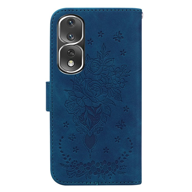 Protective Phone Case For Honor 80 Pro 5G , PU Leather Rose Butterfly Imprinted Stand Wallet Cover - Blue