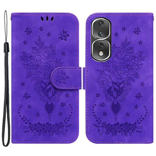 Protective Phone Case For Honor 80 Pro 5G , PU Leather Rose Butterfly Imprinted Stand Wallet Cover - Purple