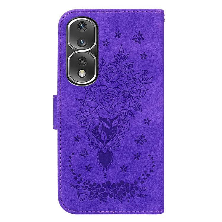 Protective Phone Case For Honor 80 Pro 5G , PU Leather Rose Butterfly Imprinted Stand Wallet Cover - Purple
