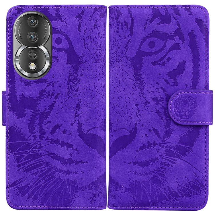 For Honor 80 5G PU Leather Phone Case Tiger Pattern Imprinted Folding Stand Wallet Cover - Purple