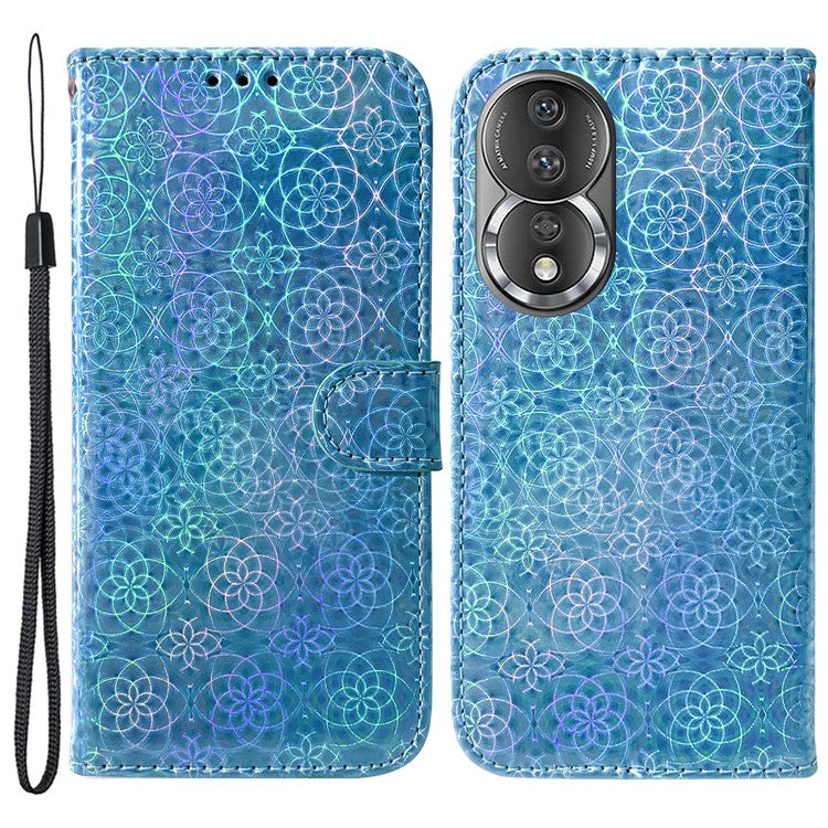 Leather Phone Case For Honor 80 5G , Wallet Stand Dazzling Flower Pattern Anti-scratch Phone Cover with Strap - Blue