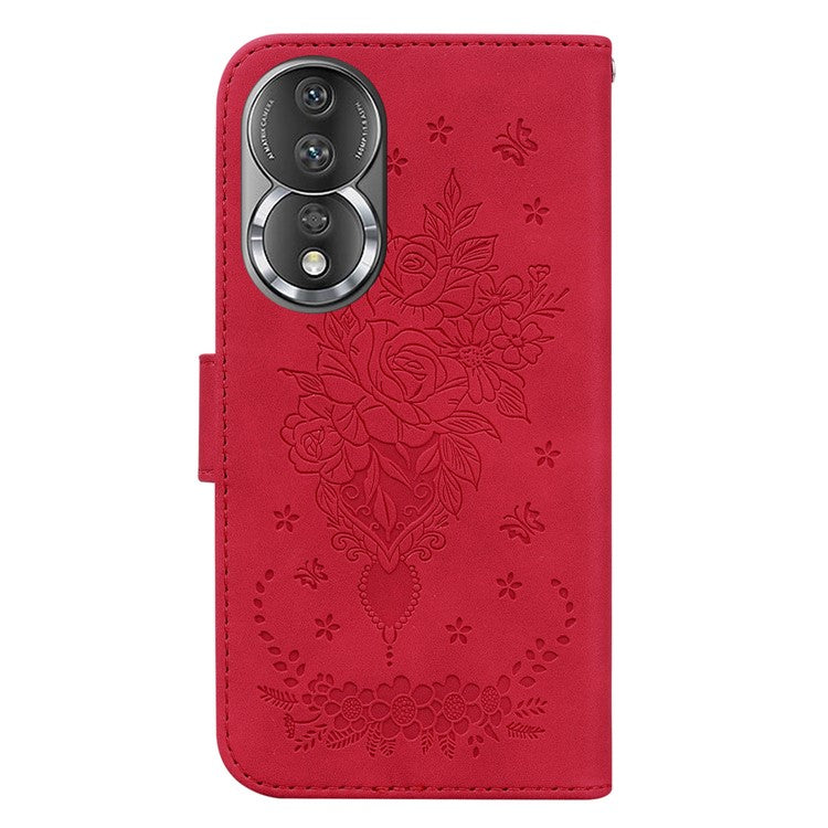 Phone Case For Honor 80 5G PU Leather Rose Butterfly Imprinted Stand Wallet Shockproof Phone Cover - Pink