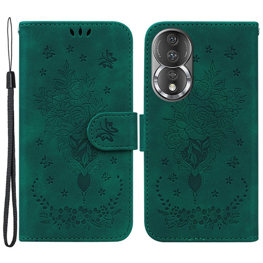 Phone Case For Honor 80 5G PU Leather Rose Butterfly Imprinted Stand Wallet Shockproof Phone Cover - Green