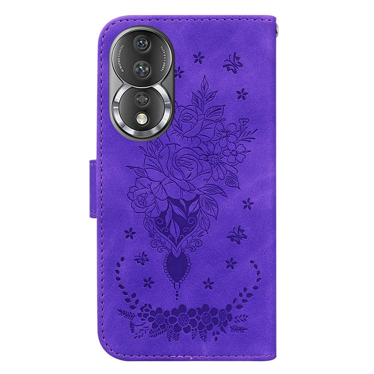 Phone Case For Honor 80 5G PU Leather Rose Butterfly Imprinted Stand Wallet Shockproof Phone Cover - Purple