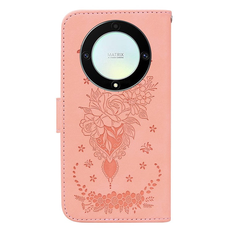 For Honor X40 5G / X9a 5G / Magic5 Lite 5G Leather Wallet Case Rose Butterfly Imprinted Foldable Stand Phone Cover - Pink