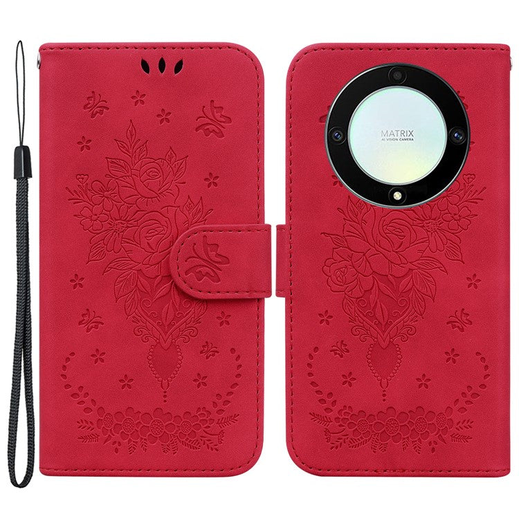 For Honor X40 5G / X9a 5G / Magic5 Lite 5G Leather Wallet Case Rose Butterfly Imprinted Foldable Stand Phone Cover - Red