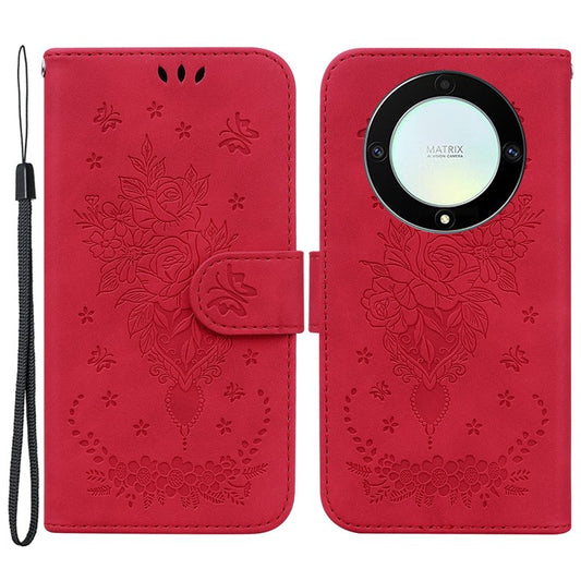 For Honor X40 5G / X9a 5G / Magic5 Lite 5G Leather Wallet Case Rose Butterfly Imprinted Foldable Stand Phone Cover - Red