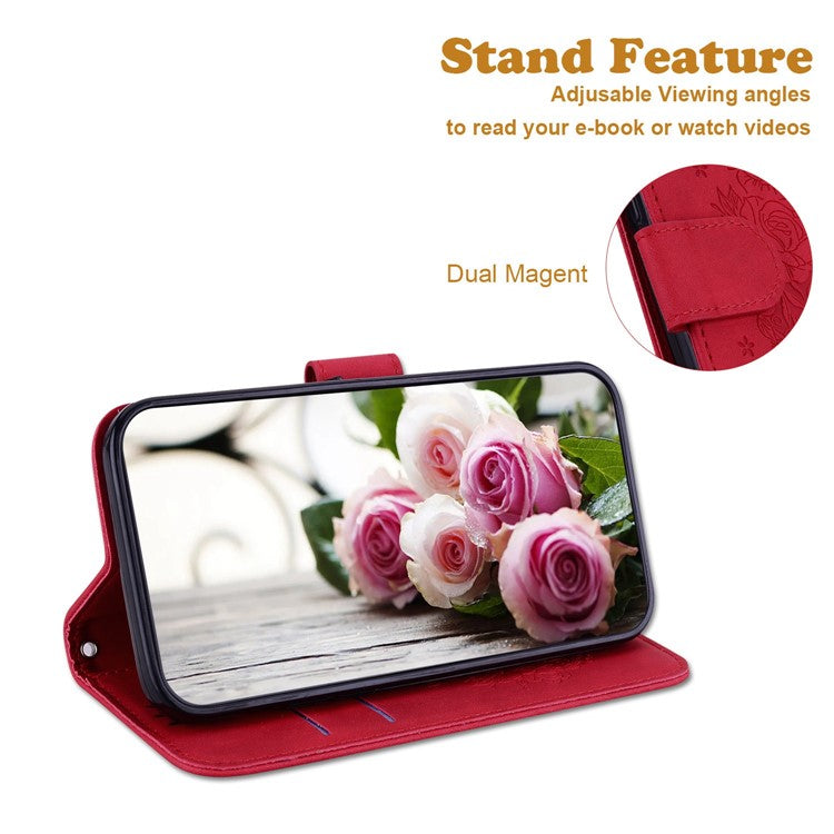 For Honor X40 5G / X9a 5G / Magic5 Lite 5G Leather Wallet Case Rose Butterfly Imprinted Foldable Stand Phone Cover - Red