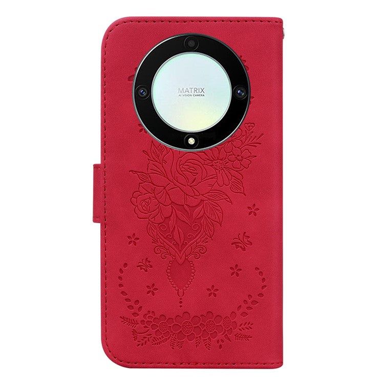 For Honor X40 5G / X9a 5G / Magic5 Lite 5G Leather Wallet Case Rose Butterfly Imprinted Foldable Stand Phone Cover - Red
