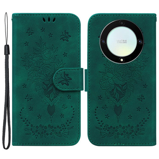 For Honor X40 5G / X9a 5G / Magic5 Lite 5G Leather Wallet Case Rose Butterfly Imprinted Foldable Stand Phone Cover - Green