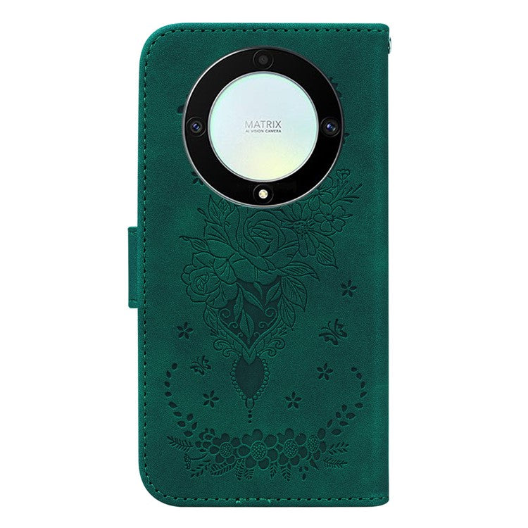 For Honor X40 5G / X9a 5G / Magic5 Lite 5G Leather Wallet Case Rose Butterfly Imprinted Foldable Stand Phone Cover - Green