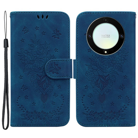 For Honor X40 5G / X9a 5G / Magic5 Lite 5G Leather Wallet Case Rose Butterfly Imprinted Foldable Stand Phone Cover - Blue