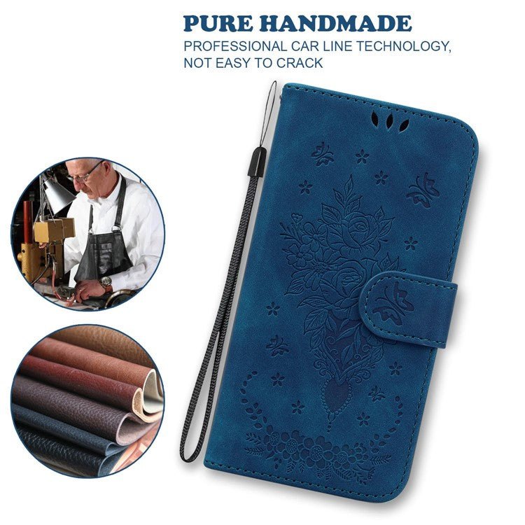 For Honor X40 5G / X9a 5G / Magic5 Lite 5G Leather Wallet Case Rose Butterfly Imprinted Foldable Stand Phone Cover - Blue