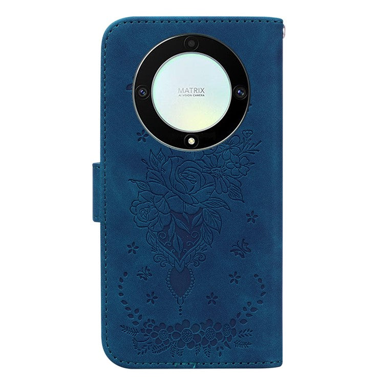 For Honor X40 5G / X9a 5G / Magic5 Lite 5G Leather Wallet Case Rose Butterfly Imprinted Foldable Stand Phone Cover - Blue