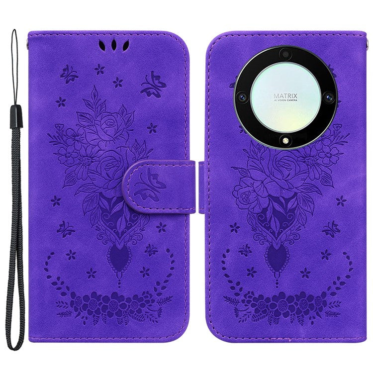 For Honor X40 5G / X9a 5G / Magic5 Lite 5G Leather Wallet Case Rose Butterfly Imprinted Foldable Stand Phone Cover - Purple