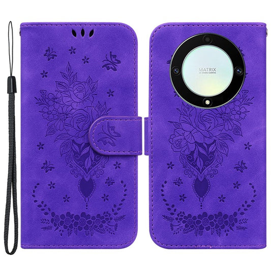 For Honor X40 5G / X9a 5G / Magic5 Lite 5G Leather Wallet Case Rose Butterfly Imprinted Foldable Stand Phone Cover - Purple