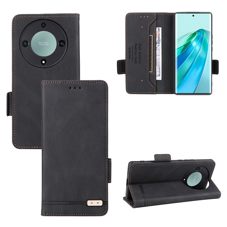 For Honor Magic5 Lite 5G / X9a 5G / X40 5G Phone Case PU Leather Hardware Decor Stand Wallet Phone Cover - Black