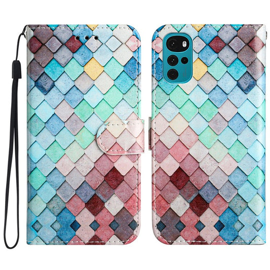 PU Leather Flip Cover for Motorola Moto G22 Shockproof Case Pattern Printing Wallet Phone Cover - Grids