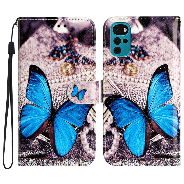 PU Leather Flip Cover for Motorola Moto G22 Shockproof Case Pattern Printing Wallet Phone Cover - Blue Butterfly