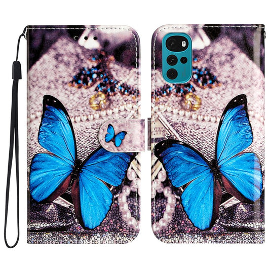 PU Leather Flip Cover for Motorola Moto G22 Shockproof Case Pattern Printing Wallet Phone Cover - Blue Butterfly