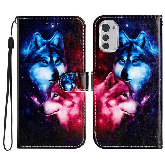 Wallet Phone Case for Motorola Moto E32 4G PU Leather Folio Flip Cover Pattern Printing Phone Case - Wolves