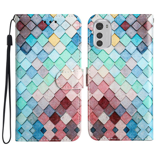 Wallet Phone Case for Motorola Moto E32 4G PU Leather Folio Flip Cover Pattern Printing Phone Case - Grids