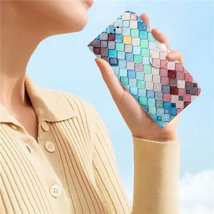 Wallet Phone Case for Motorola Moto E32 4G PU Leather Folio Flip Cover Pattern Printing Phone Case - Grids