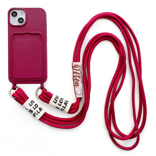 For iPhone 14 Plus Card Slot Phone Case Anti-Scratch Liquid Silicone Protective Phone Cover with Hanging Strap - Wine Red