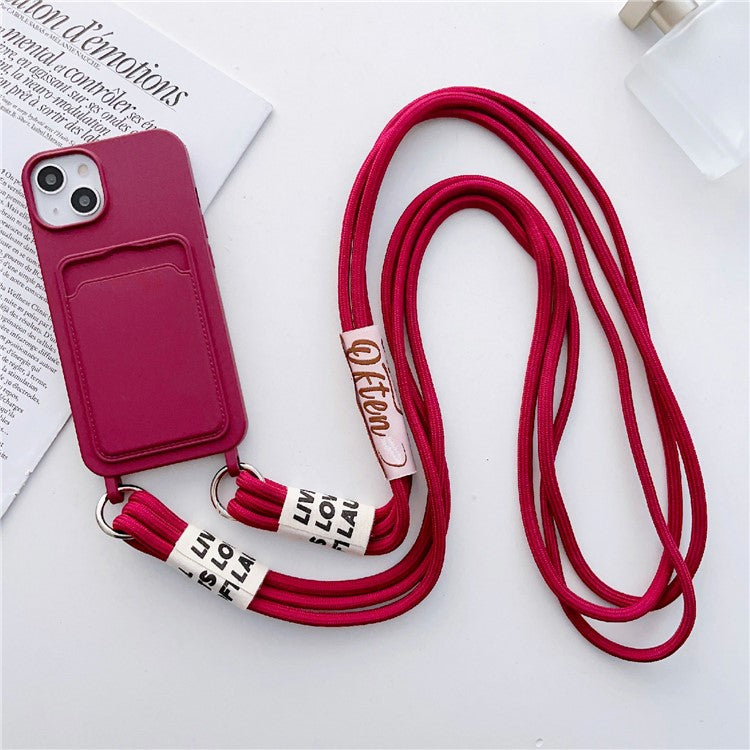 For iPhone 14 Plus Card Slot Phone Case Anti-Scratch Liquid Silicone Protective Phone Cover with Hanging Strap - Wine Red