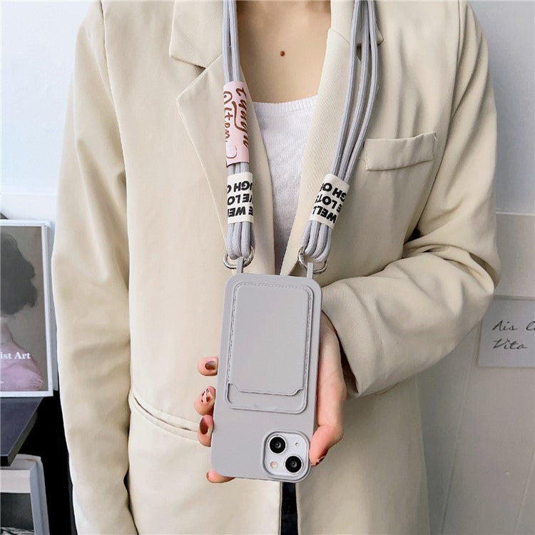 For iPhone 14 Plus Card Slot Phone Case Anti-Scratch Liquid Silicone Protective Phone Cover with Hanging Strap - Wine Red
