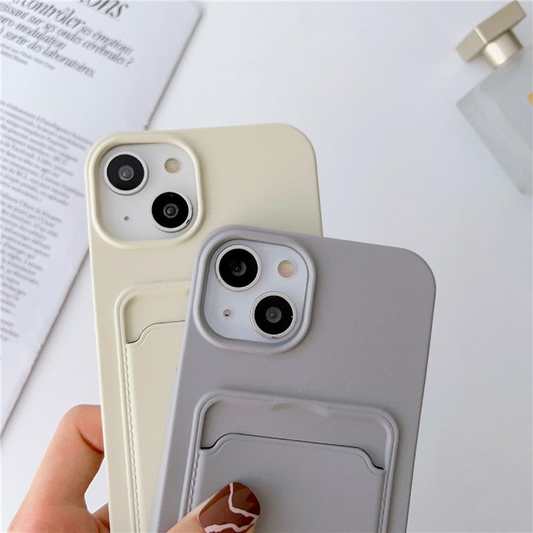 For iPhone 14 Plus Card Slot Phone Case Anti-Scratch Liquid Silicone Protective Phone Cover with Hanging Strap - Wine Red