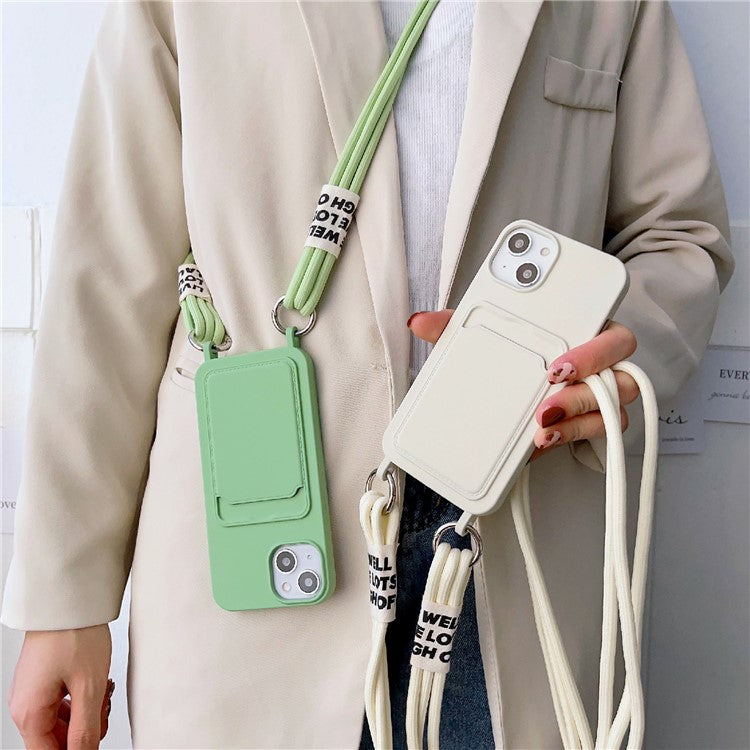 For iPhone 14 Plus Card Slot Phone Case Anti-Scratch Liquid Silicone Protective Phone Cover with Hanging Strap - Wine Red