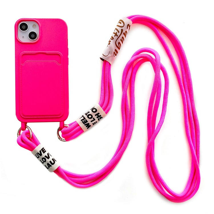 For iPhone 14 Plus Card Slot Phone Case Anti-Scratch Liquid Silicone Protective Phone Cover with Hanging Strap - Rose
