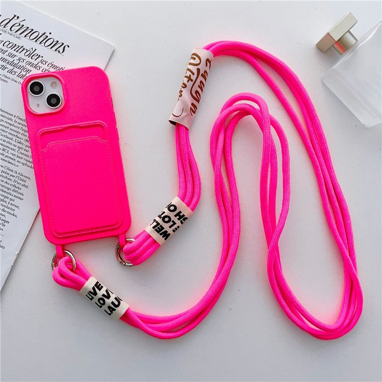For iPhone 14 Plus Card Slot Phone Case Anti-Scratch Liquid Silicone Protective Phone Cover with Hanging Strap - Rose