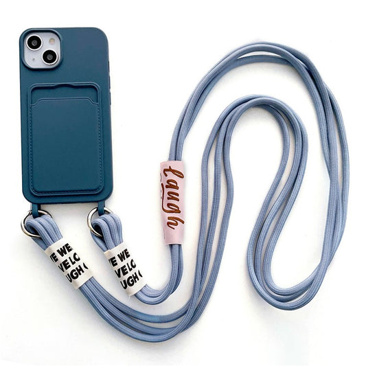 For iPhone 14 Plus Card Slot Phone Case Anti-Scratch Liquid Silicone Protective Phone Cover with Hanging Strap - Navy Blue