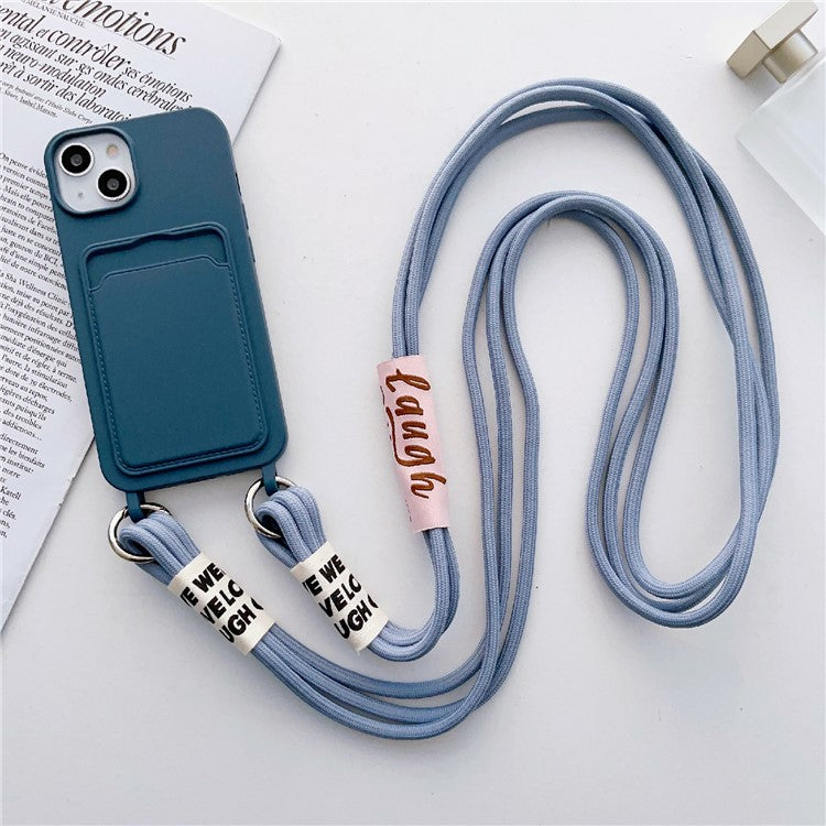 For iPhone 14 Plus Card Slot Phone Case Anti-Scratch Liquid Silicone Protective Phone Cover with Hanging Strap - Navy Blue