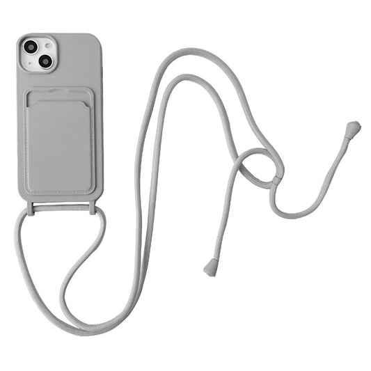 Protective Case for iPhone 14 Case Anti-Fall Liquid Silicone Phone Cover with Card Slot, Strap - Grey