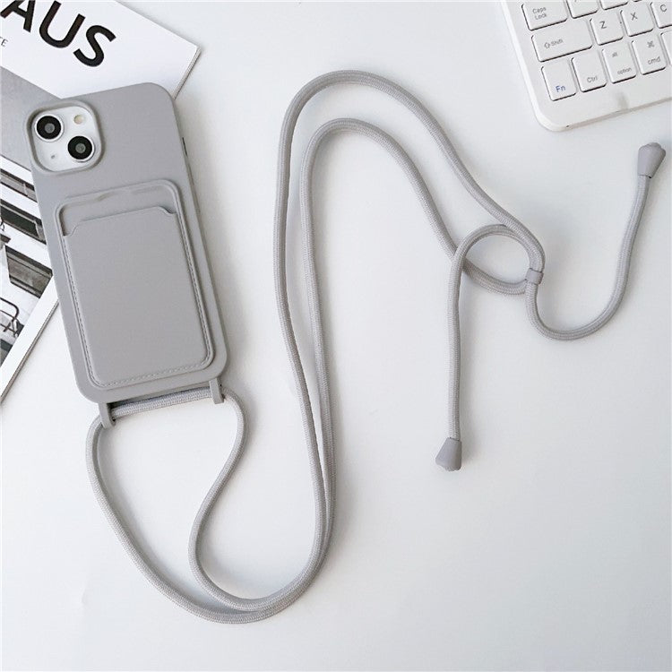 Protective Case for iPhone 14 Case Anti-Fall Liquid Silicone Phone Cover with Card Slot, Strap - Grey