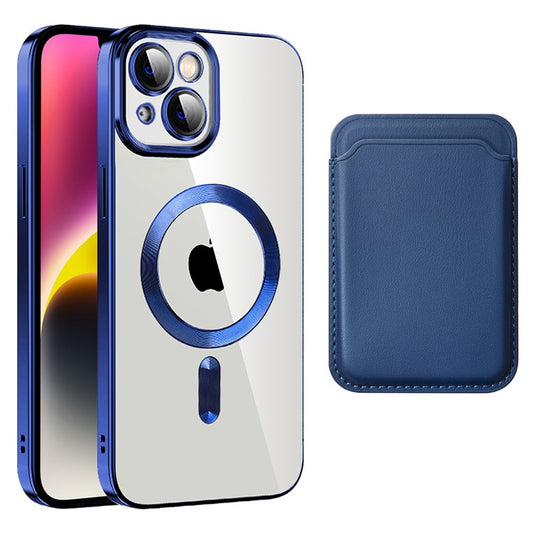 For iPhone 14 Anti-Drop Magnetic Back Cover TPU + PC Phone Case with Card Bag - Sapphire