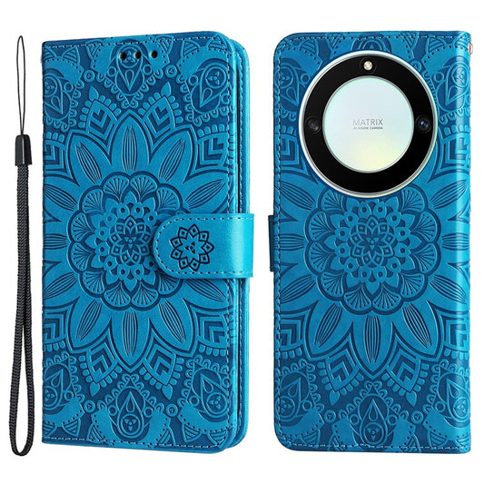 For Honor X40 5G / X9a 5G / Magic5 Lite 5G Leather Phone Case Sunflower Imprinted Stand Wallet Cover with Hand Strap - Blue