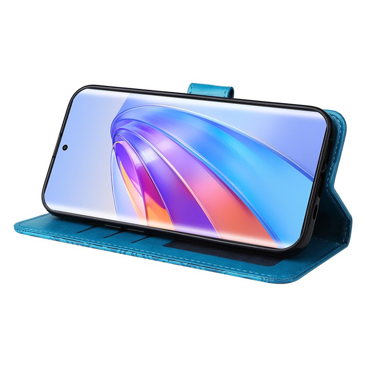 For Honor X40 5G / X9a 5G / Magic5 Lite 5G Leather Phone Case Sunflower Imprinted Stand Wallet Cover with Hand Strap - Blue