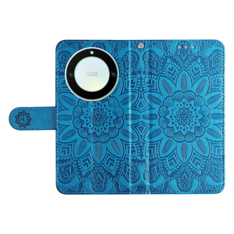 For Honor X40 5G / X9a 5G / Magic5 Lite 5G Leather Phone Case Sunflower Imprinted Stand Wallet Cover with Hand Strap - Blue