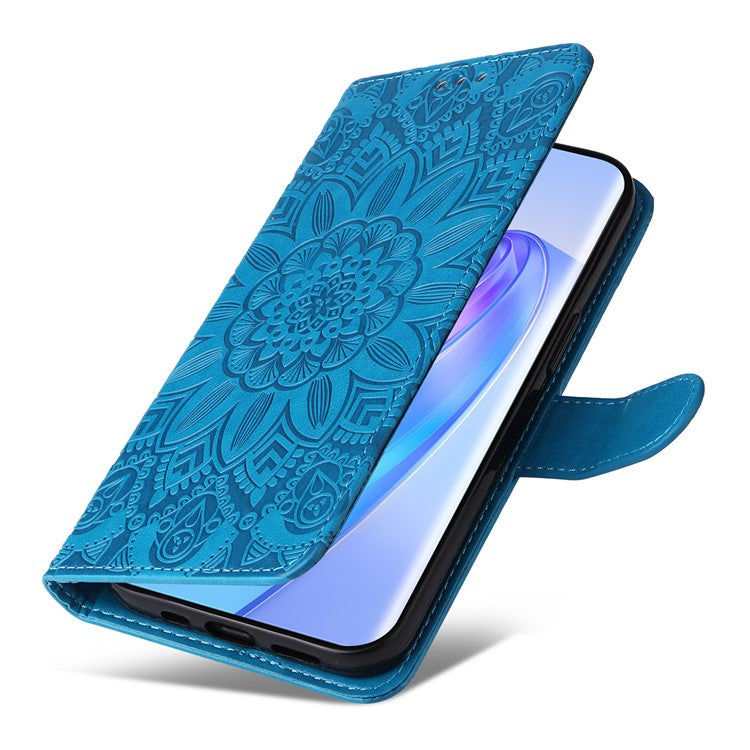 For Honor X40 5G / X9a 5G / Magic5 Lite 5G Leather Phone Case Sunflower Imprinted Stand Wallet Cover with Hand Strap - Blue