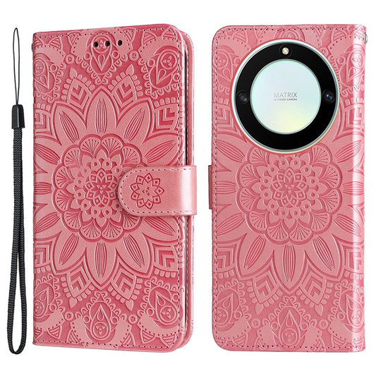 For Honor X40 5G / X9a 5G / Magic5 Lite 5G Leather Phone Case Sunflower Imprinted Stand Wallet Cover with Hand Strap - Pink