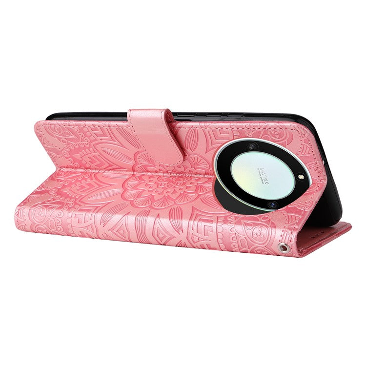 For Honor X40 5G / X9a 5G / Magic5 Lite 5G Leather Phone Case Sunflower Imprinted Stand Wallet Cover with Hand Strap - Pink