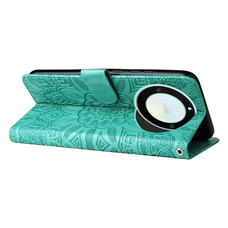 For Honor X40 5G / X9a 5G / Magic5 Lite 5G Leather Phone Case Sunflower Imprinted Stand Wallet Cover with Hand Strap - Green