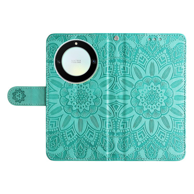 For Honor X40 5G / X9a 5G / Magic5 Lite 5G Leather Phone Case Sunflower Imprinted Stand Wallet Cover with Hand Strap - Green