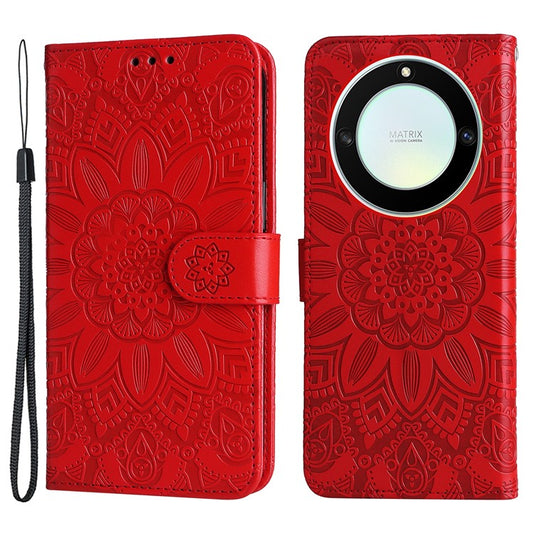 For Honor X40 5G / X9a 5G / Magic5 Lite 5G Leather Phone Case Sunflower Imprinted Stand Wallet Cover with Hand Strap - Red